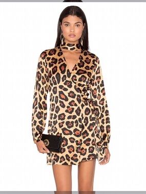 LPA Leopard Print Wrap Mini Dress with Choker Detail - Tan/Black